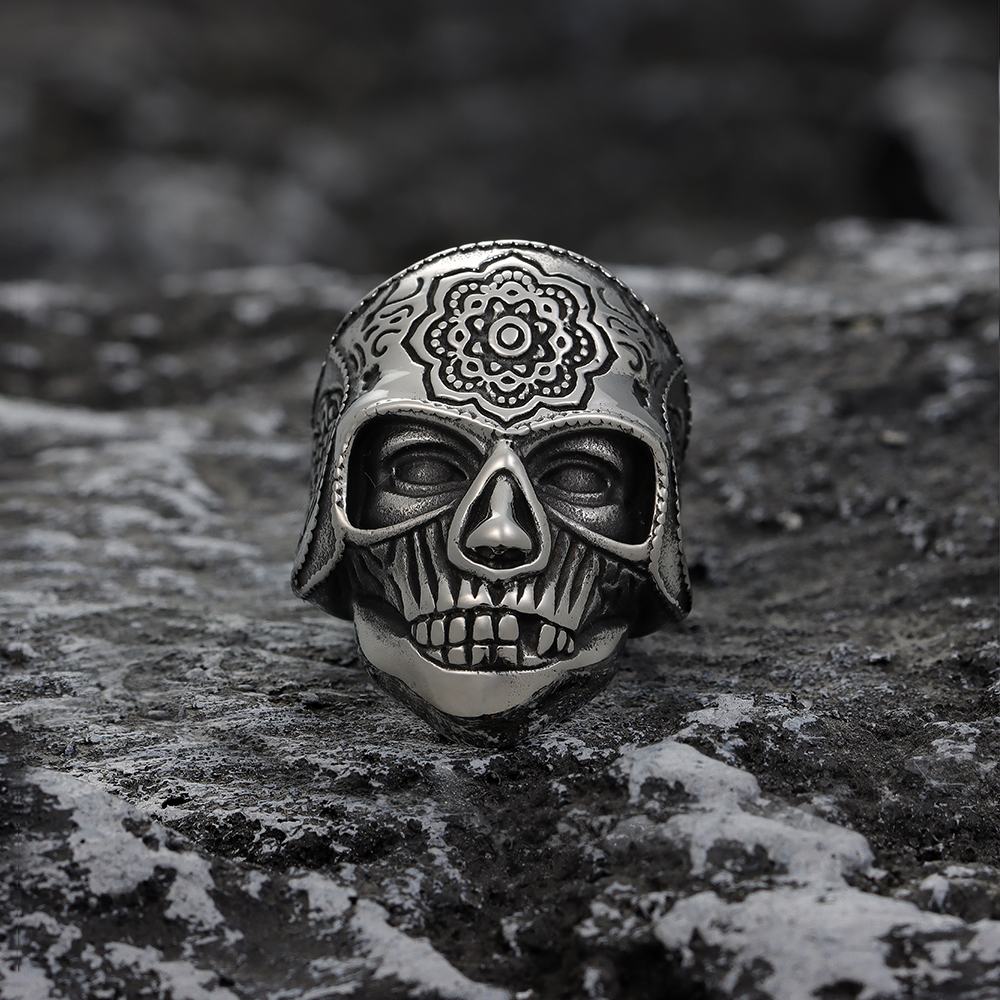 Lotus Patterned Helmet Skull Ring