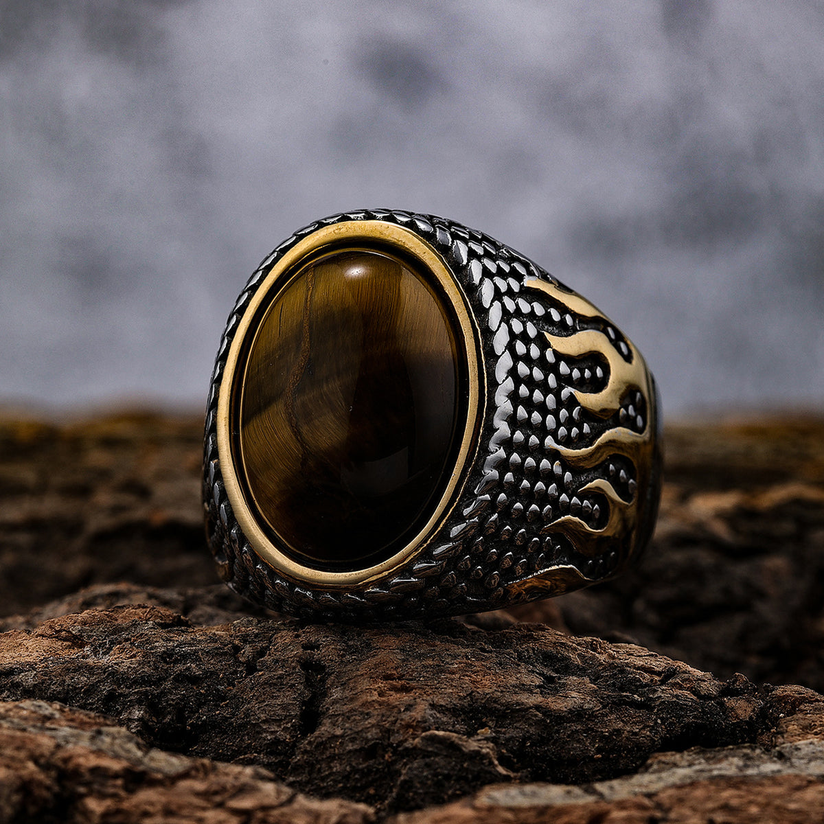 Tiger Eye Gold Stone Flame Ring